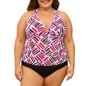 Faded Glory Halter Swim Tankini Top Large Size 12-14 Pink & Black Print